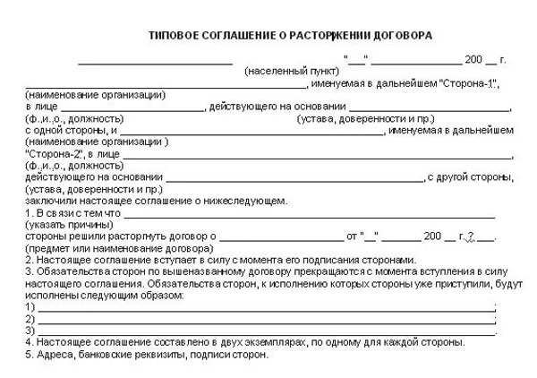 Образец соглашения о расторжении договора займа