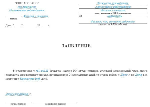 Заявление образец на выплату компенсации за неиспользованный отпуск образец